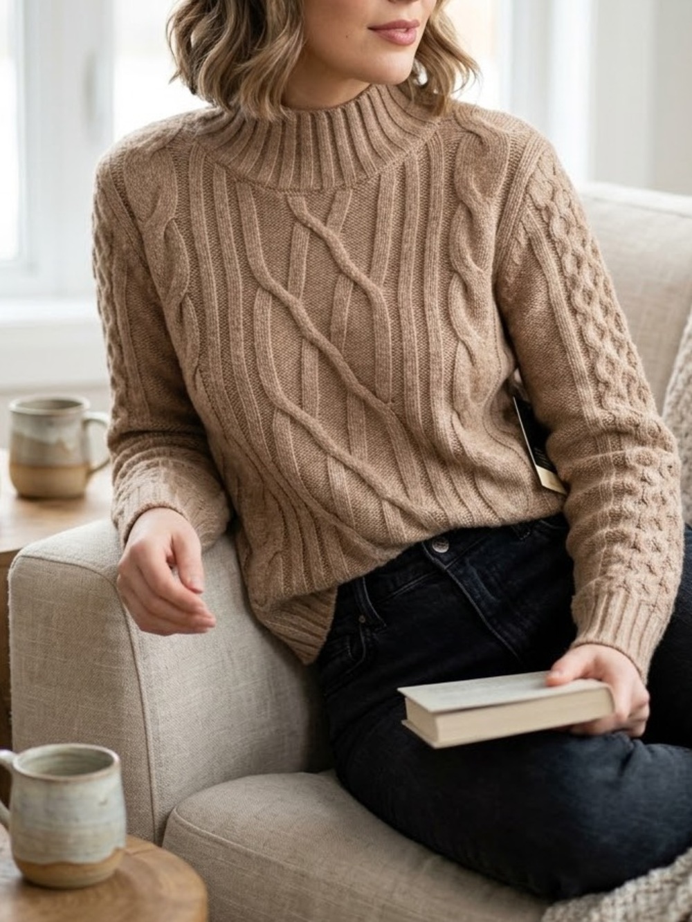 Max Studio Cable-Detail Mock Neck Sweater
